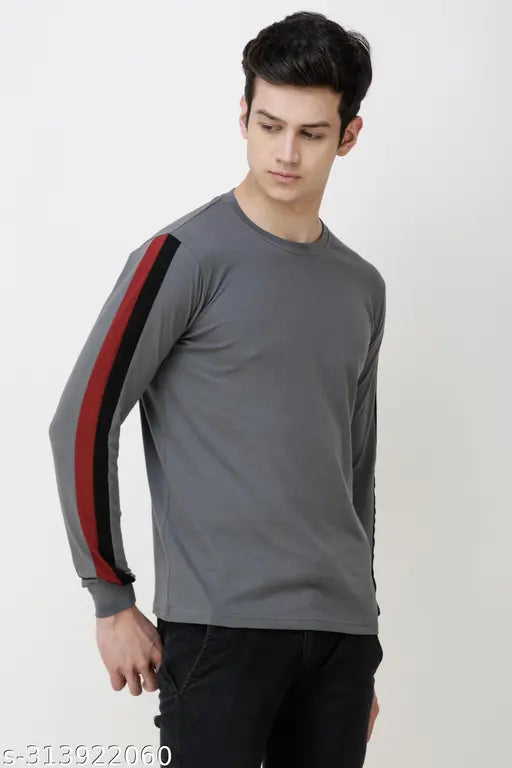 Solid grey cotton long sleeve men's round neck t-shirt for fashionable casual wear, perfect fit from S to XXL
