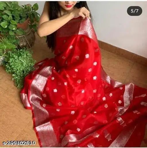 Handmade designer Banarasi Georgette saree for women, exclusive online, latest, B'wood wedding bridal sari with blouse. Red color, shiny, cotton and silk blend material