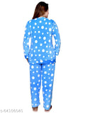 Blue woolen velvet pajama set with polka dots design, round neck and full sleeves. Hand wash only. NACNO® women's/girls night suit from India