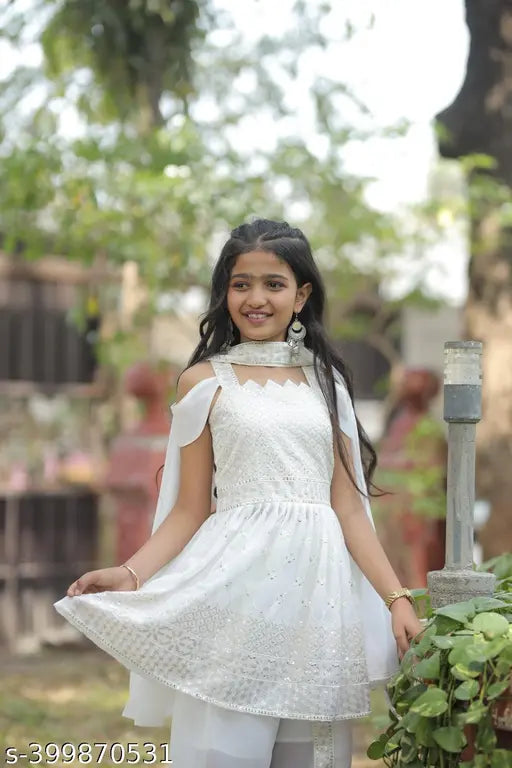 white georgette sleeveless dhoti kurta set, intricately embroidered, 12-13 years size, traditional Indian festival wear