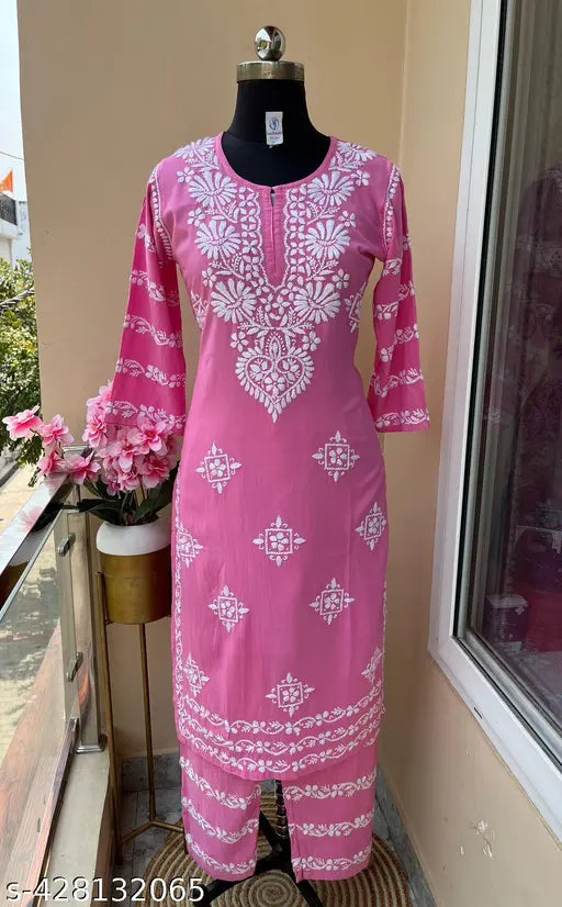 Embroidered rayon kurta palazzo set for women, three-quarter sleeves, Indian-made, rich embroidery detail