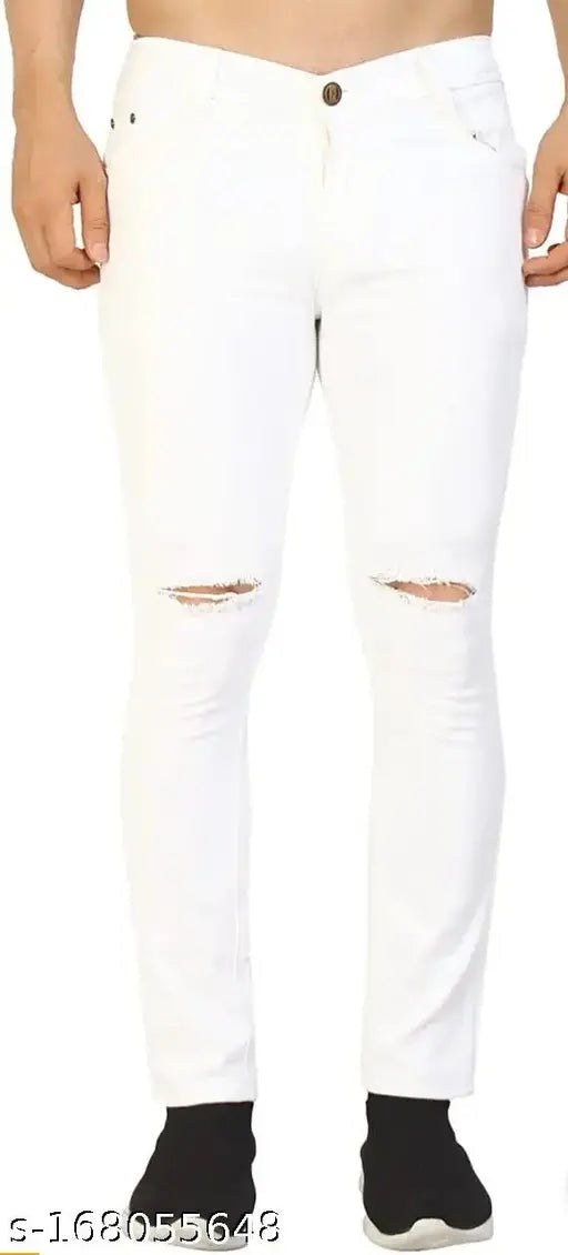 Men's white denim knee-cut jeans, solid pattern, size 28 or 30 (waist 28in/30in, length 39in/40in)