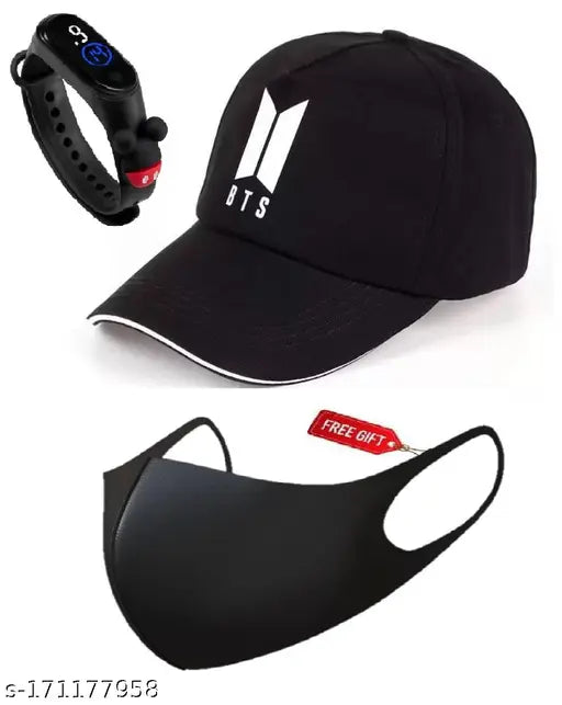 Black cotton BTS cap with embroidered design and digital LED watch, featuring a black mask - stylish accessory for men and boys