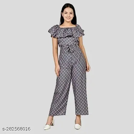 Grey jumpsuit with ruffled sleeves and tie waist, girl's casual wear 12-year-olds