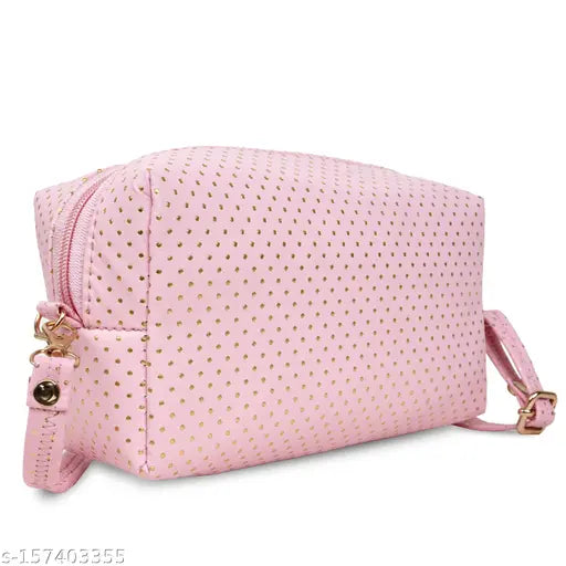 Pastel pink faux leather clutch with gold accents, zip closure, and chain strap