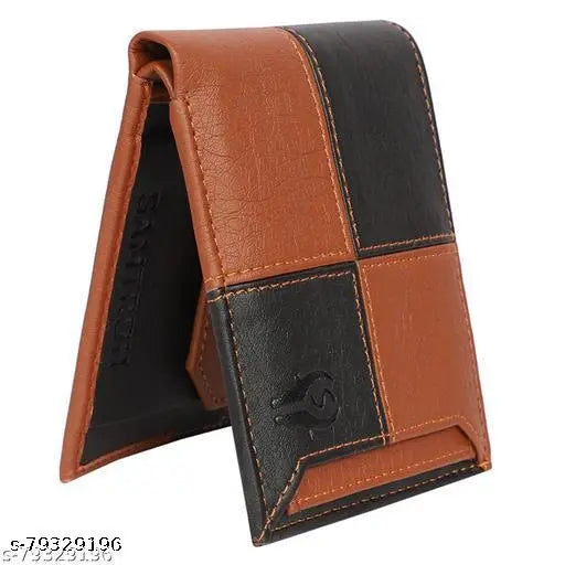 Tan & black PU leather square design slider wallet, 2 compartments, RFID-blocking technology, modern accessory for men, free size (11cm x 9cm)