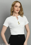 White Lycra women's mandarin collar T-shirt with keyhole neck, short sleeves and crop length, suitable for jeans or skirts. Made in India