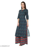 Cotton SHASHVI Women's Kurta & Palazzo Set, printed net ethnicwear with three-quarter sleeves, India origin