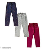 Pink and purple womens pajama pants, patterned design, two pairs displayed