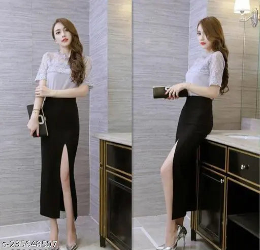 A stretchable pencil skirt for women, calf length, with an elasticized waist, in a formal style