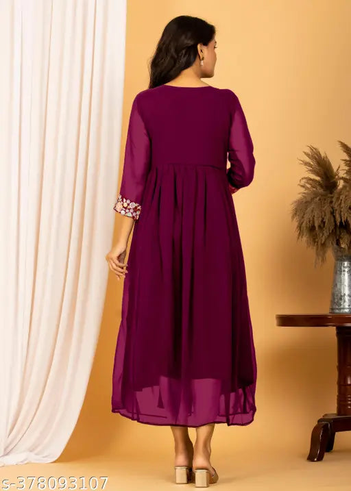 Georgette embroidered kurti for women, solid combo with three-quarter sleeves. S, M, L, XL, XXL sizes available from India