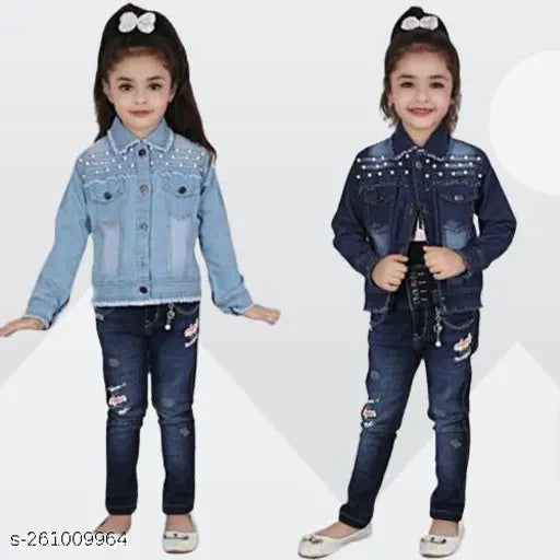Kids combo, two pack of casual regular fit denim jackets for girls - solid design, long sleeves, sizes from 3-4 to 11-12 years old, made in India