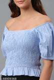 Blue cotton square neck puff sleeve women's top with short sleeves, ideal for day and night outings or special occasions. Soft, lightweight, and breathable material in a solid color from India