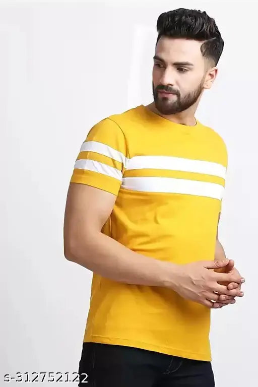 Striped cotton blend men's casual half sleeve t-shirt, short sleeves, size S (38 in), made in India
