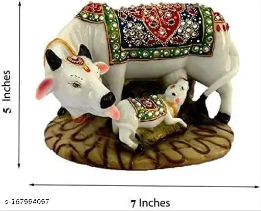 Marble dust/Polyresin Cow and Calf Rakhi Special - Decorative idol with precious stones, 11cm breadth, 12cm height, 10cm length. Traditional home decor item for spiritual & materialistic success. Indian-made Rakhi gift