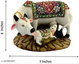Marble dust/Polyresin Cow and Calf Rakhi Special - Decorative idol with precious stones, 11cm breadth, 12cm height, 10cm length. Traditional home decor item for spiritual & materialistic success. Indian-made Rakhi gift