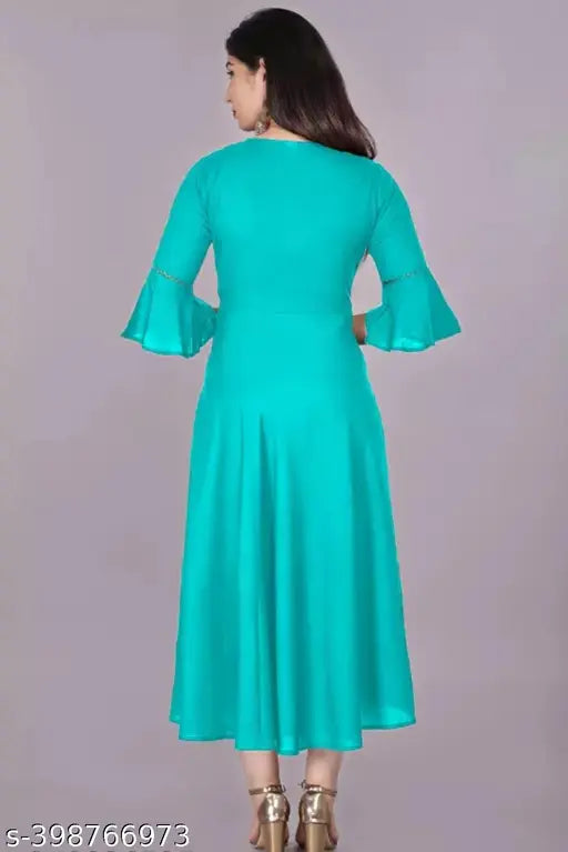 Ultra Fashion solid rayon flared kurti, three-quarter sleeves, single color, women's fashion on model