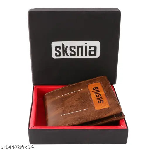 Brown faux leather bi-fold wallet for men & women, slim and lightweight, 2 compartments, perfect for travel or daily use