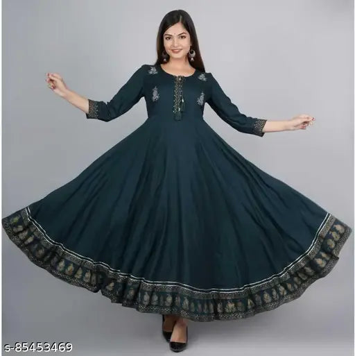 Womens blue rayon embroidered anarkali kurta, long sleeves, front slit