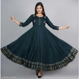 Womens blue rayon embroidered anarkali kurta, long sleeves, front slit