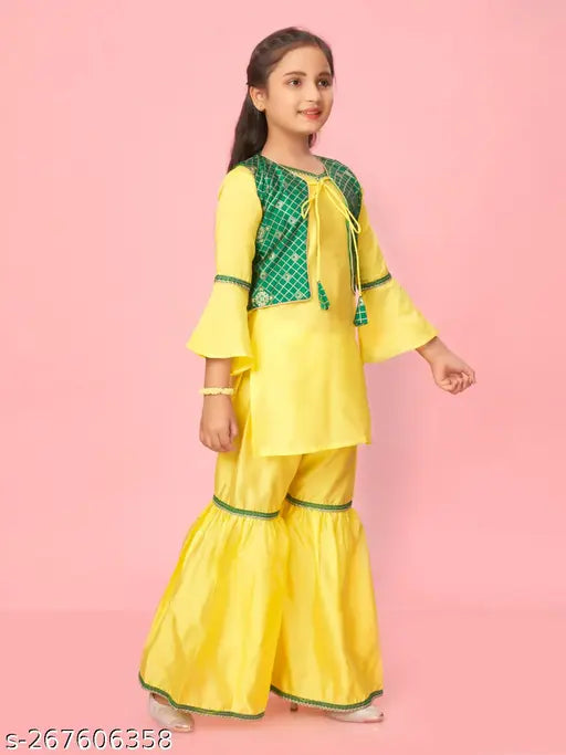Silk A-line Sharara Kurta sets for girls aged 6-7 years, solid pattern with three-quarter sleeves. Made in India