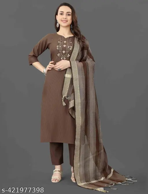 Embroidered cotton blend kurta set with dupatta and bottomwear, three-quarter sleeves, Indian ethnic wear for women