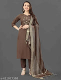 Embroidered cotton blend kurta set with dupatta and bottomwear, three-quarter sleeves, Indian ethnic wear for women