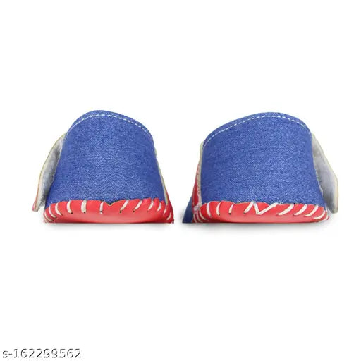 Neska baby girls floral denim cotton party wear red blue booties, 6-12 month size