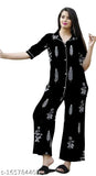 Black printed rayon-cotton nightsuit for women and girls - premium quality, comfortable, and stylish sleepwear