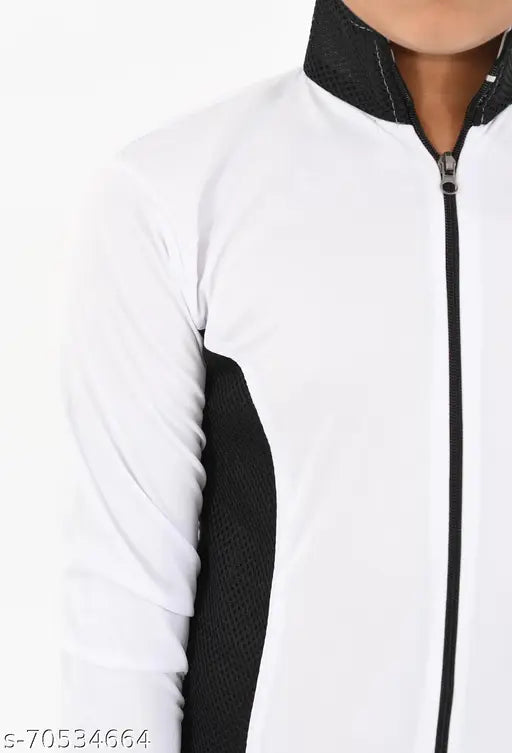 White, zippered jacket with side panel details, hoodie style