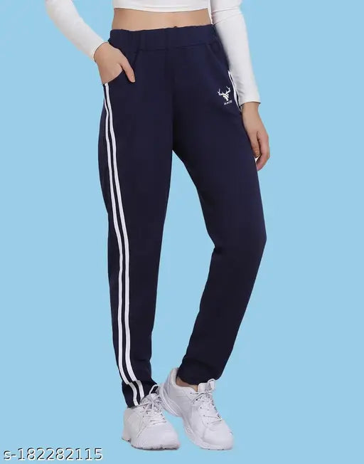 Dark navy blue striped jogging pants with a white logo on the left leg