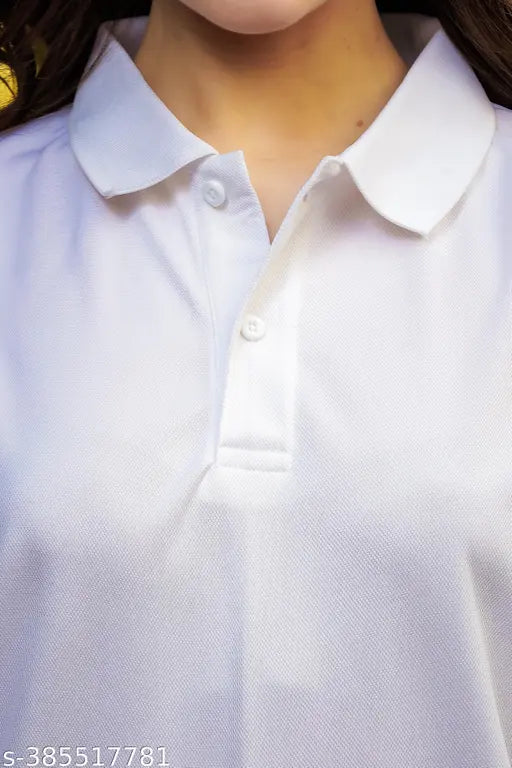 White recycled unisex polo t-shirt, quick-dry and breathable polyester fabric on a hanger