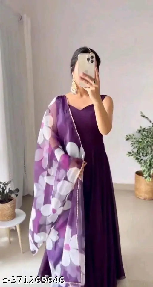 Georgette wine-colored gown with floral print, perfect for parties or weddings