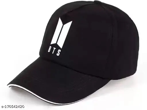 Black cotton BTS embroidered cap for men, intricate embroidery detail on Indian-made hat