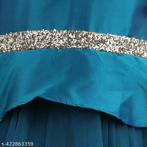 Teal blue long-sleeved girls' party dress with sequin trim