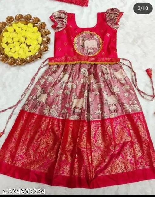 Soft Dola silk Pyjama long frock with traditional Paithani design, pashmina, short sleeves for kids, Indian origin
