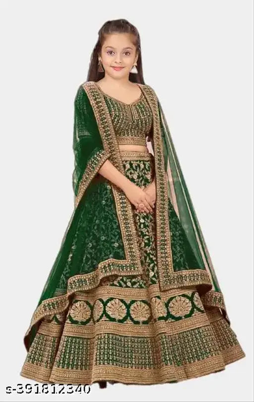Embroidered satin MYSORE Half Saree Lehanga Choli for Kids, vibrant embroidery detail on 3-16 years sizes