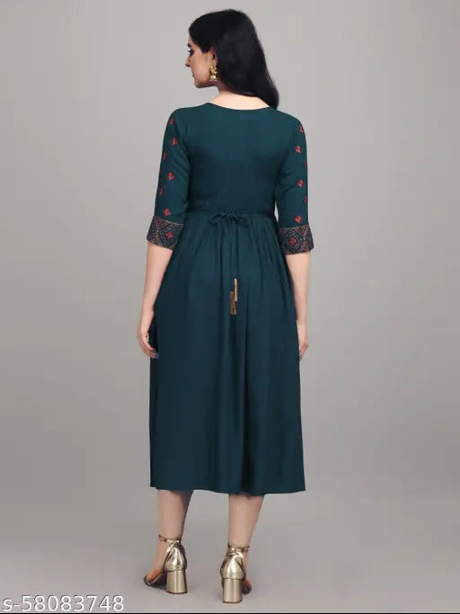 Blue rayon embroidered kurti, three-quarter sleeves, Laxmi design, women's fashion from India