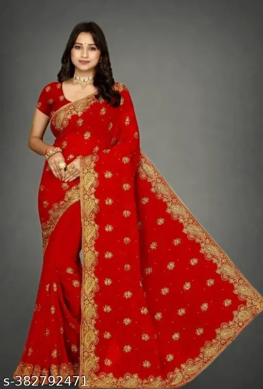 Red and gold georgette saree with intricate embroidery