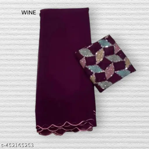 Wine Georgette Aarco cut work Diwali Collection saree, featuring intricate sequence embellishments and separate blouse piece in matching fabric. Perfect for special occasions or festive celebrations