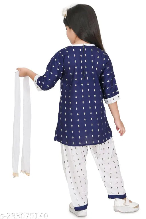 Navy blue rayon kurti patiala set with dupatta for girls (age 3-10 years), printed design and three-quarter sleeves. Hand wash recommended
