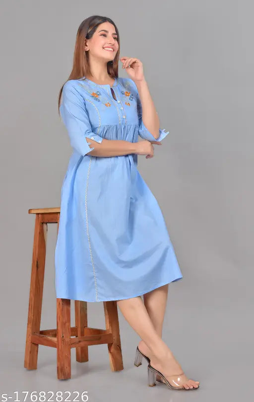 Sky blue cotton A-line kurta, short sleeves