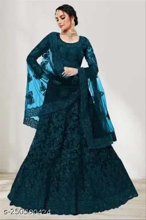 Elegant teal embroidered net lehenga-choli with sequinned dupatta - Indo Western party wear. Intricate embroidery, semi-stitched set in teal net fabric for festive occasions." (125 characters)