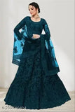 Elegant teal embroidered net lehenga-choli with sequinned dupatta - Indo Western party wear. Intricate embroidery, semi-stitched set in teal net fabric for festive occasions." (125 characters)