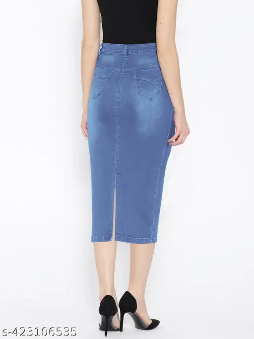 Cotton blend long denim stretchable washed skirt, dyed/washed pattern. Sizes available: 28, 30, 32, 34 (waist 28-34, length 30, hip 34-40). Indian-made