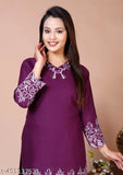 Purple rayon floral yoke design straight kurta with trouser, three-quarter sleeves, Indian ethnic wear for men or women, Rayon fabric