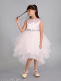 Pink net layered hi-low girls party dress for 1-2 years, solid design, Indian origin