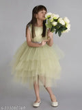 Green layered hi-low party dress for girls (net, sleeveless, printed), size 3-4 years, toy balloon design