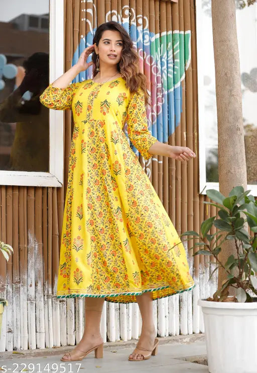 Yellow Rayon printed Anarkali for women, perfect three-quarter sleeve outfit. Indian fashion