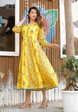 Yellow Rayon printed Anarkali for women, perfect three-quarter sleeve outfit. Indian fashion